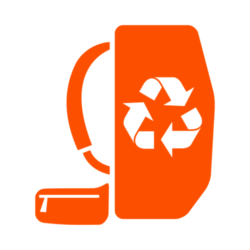 stylized graphic of a backpack with the recycling logo on it