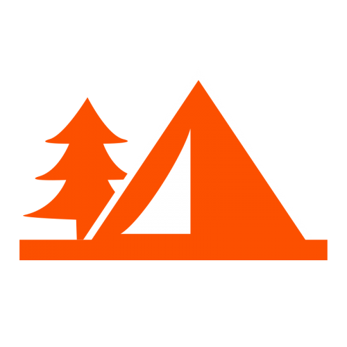 stylized graphic of a tent with a pine tree next to it