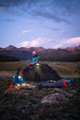 Kelty tent with holiday Christmas lights