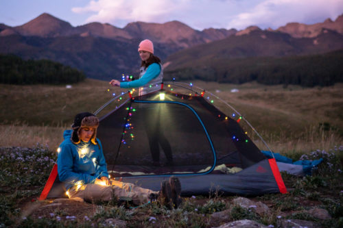 Kelty tent with holiday christmas lights